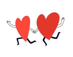 Hand-drawn two running hearts. Vector doodle illustration of lovers holding hands. Happy silhouettes of hearts catching up to each other in cartoon style isolated on white background.