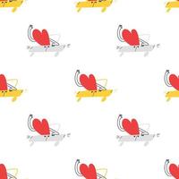 Seamless pattern with cartoon hearts in the car. The hand-drawn lover is driving forward in a yellow and gray car. Vector stock illustration isolated on white background.