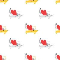 Seamless pattern with cartoon hearts in the car. The hand-drawn lover is driving forward in a yellow and gray car. Vector stock illustration isolated on white background.