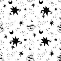 Seamless pattern with sleeping stars and a mug of magic drink. A hand-drawn pattern of celestial and magical elements. Vector stock illustration black on white background.