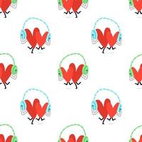 Seamless pattern with loving hearts. Cute red hearts are listening to music in big blue and green headphones. Vector stock illustration of hearts in cartoon style on white background.