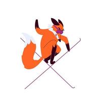 Fox skier in purple goggles. A cartoon fox shows a trick on skis crossing them. Vector stock illustration of animal free-rider isolated on white background.