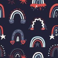 Seamless hand-drawn pattern with rainbows. Various rainbows in red-blue tones. Vector stock illustration on dark background.