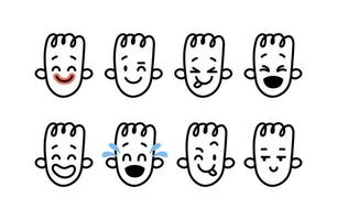 conjunto de vectores emoji. colección de caras de garabatos dibujadas a mano de emociones alegres. negro en la ilustración blanca de avatares de personas lindas aislados en fondo blanco.