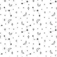 Seamless pattern with crescents and stars. Black on the white pattern of constellations and other hand-drawn celestial elements. vector