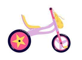 Children's tricycle with a bag on the handlebars. Kids vehicle with large rear wheels painted with a yellow star. Vector illustration of a purple with yellow bicycle isolated on a white.