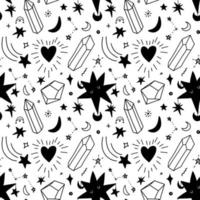 Seamless pattern with magic elements. A hand-drawn ornament featuring a variety of celestial figures and semiprecious stones. vector