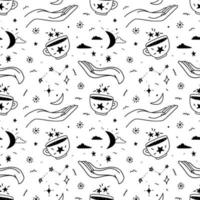 Seamless pattern with magic hands and cups. A magical pattern of hand-drawn constellations, crescent, and clouds. vector