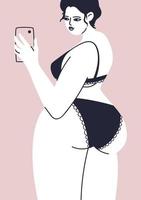 Poster with a plump girl in underwear. A young woman takes a selfie. The white female body in black lingerie. Vector stock illustration close-up on a pink background.