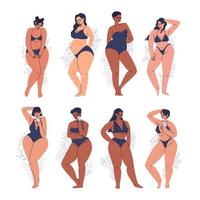 Set of young diverse women in lingerie. Women's bodies of different skin colors on a background of gray flowers. Feminine strength and love for your body. Vector illustration isolated on white.