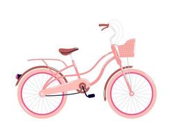 bicicleta rosa con cesta y baúl. una bicicleta con freno de mano y cadena semioculta. vector de ilustración de vehículo móvil con neumáticos rosas neumáticos aislados sobre fondo blanco.
