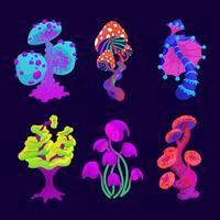 A set of magic mushrooms. Collection of a variety of fabulous mushroom plants. Fantastic alien plants of different shapes and colors. Vector illustration of an alien group on a dark background.