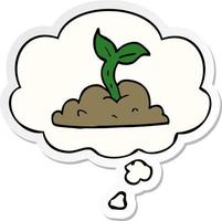 cartoon growing seedling and thought bubble as a printed sticker vector