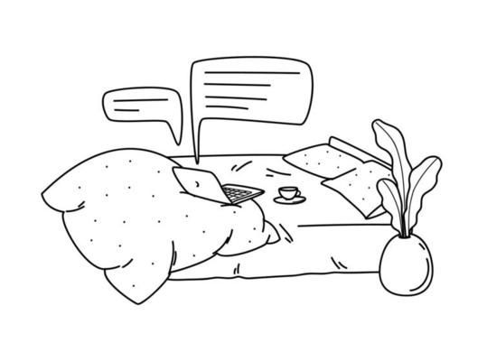 An open laptop and a cup of coffee stands on an open bed. Hand-drawn cozy work at home environment. Vector stock illustration in doodle style on a white background.