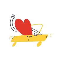 A hand-drawn heart character is driving a yellow car towards a lover. Doodle vector illustration of Valentine's Day isolated on white background in cartoon style.