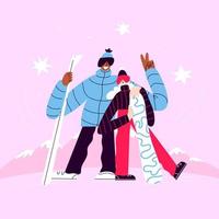A skier and a snowboarder stand against the background of mountains. A guy with skis in a blue jacket and a girl with a snowboard in pink pants are smiling. Vector stock illustration in cartoon style.