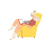 Cute plump girl in a yellow chair with a laptop. A young woman in warm socks has settled down comfortably in a comfortable chair with a pet. The blonde works from home. Vector stock illustration.