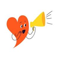 The red heart announces through the yellow loudspeaker. A cute cartoon character in the form of a heart with a face speaks into a bullhorn. Vector doodle illustration isolated on white background.