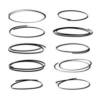 A set of hand-drawn highlight markers. Black on a white collection of free hand-drawn graphic ellipses. Vector stock illustration isolated on white background.