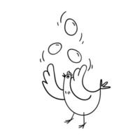 A hand-drawn chicken juggles with three eggs. Black on white vector illustration of poultry with eggs in the air. Cheerful stock illustration in doodle style.