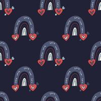 Rainbow pattern with a heart pierced by an arrow. Seamless pattern with hand-drawn rainbows and the inscription love. Vector stock illustration in red-blue shades on a dark blue background.