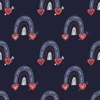 Rainbow pattern with a heart pierced by an arrow. Seamless pattern with hand-drawn rainbows and the inscription love. Vector stock illustration in red-blue shades on a dark blue background.