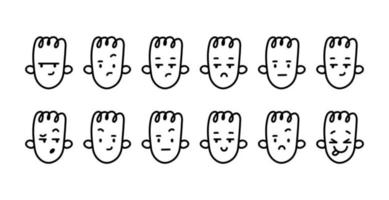 Doodle emoji set. Black on white vector illustrations of different emotions. Emotional heads with gloomy, indifferent, and bewildered faces on a white background.