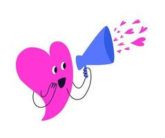 A cheerful pink heart sends many small hearts through the blue horn. A cute heart-shaped character shouts into a loudspeaker. Vector illustration in cartoon style isolated on white background.