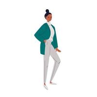 una mujer joven y bonita con una chaqueta esmeralda y un suéter y pantalones grises. la chica tiene la mano en el bolsillo. un personaje femenino con ropa informal. ilustración vectorial aislado sobre fondo blanco. vector