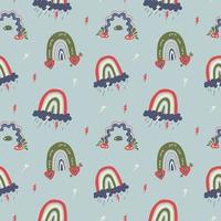 Vintage seamless pattern with rainbows. Various trendy rainbows with hearts and tears on a blue background with lightning. Vector stock illustration of a rainbow with rain hand-drawn.
