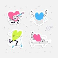 Mini sticker pack with hearts in love. Set of vector colored characters in the form of hearts on a car and a scooter, in love playing the guitar and jumping out of the box surprise.