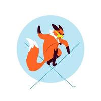 Cartoon fox in yellow ski goggles on skis. Extreme ski jump in freestyle. Vector stock illustration of a fearsome predator ski racer