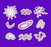 conjunto de pegatinas de microorganismos de garabatos rosas. agrupar microbios y bacterias dibujados a mano por vectores. diversas ilustraciones de microorganismos sobre un fondo morado. vector