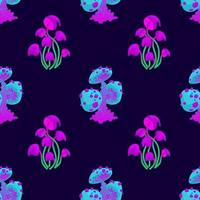Seamless pattern with magic mushrooms on a dark background. Fantastic weaving mushrooms in a checkerboard pattern. Vector illustration of unreal mystical, alien plants.