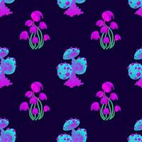 Seamless pattern with magic mushrooms on a dark background. Fantastic weaving mushrooms in a checkerboard pattern. Vector illustration of unreal mystical, alien plants.