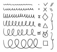 A set of varied wavy lines. Collection of hand-drawn graphic brushes. Vector stock illustration of highlight lines and checkmarks isolated on white background.