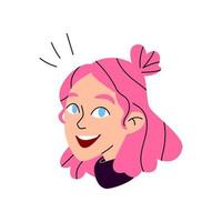 la cabeza de una chica de cabello rosa con ojos azules. cara de mujer joven sonriendo. mujer de dibujos animados avatar con pelo corto. ilustración vectorial aislado sobre fondo blanco. vector