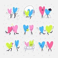 Sticker pack with colored hearts. A set of valentine's day stickers with hearts in love by car, wearing headphones, riding a tandem bike, and others. vector