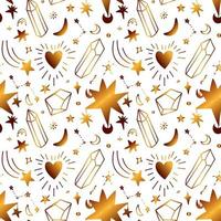 Seamless golden pattern with stars and crystals. Intense gold pattern with magical celestial elements. vector