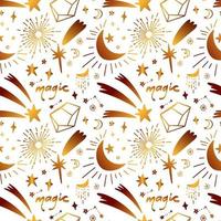 Golden seamless pattern with heavenly elements. Hand-drawn comets, crescent moon and shining stars with golden texture. vector