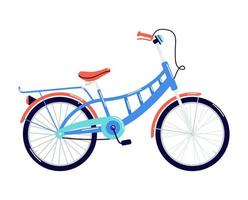Blue two-wheeled bicycle with a trunk. Cartoon bicycle with hand brake and red saddle. Transport vehicle illustration vector isolated on white background.