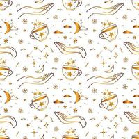 Golden seamless drawn pattern with hands and magic cups on the background of the constellations. Star ornament with celestial elements. vector