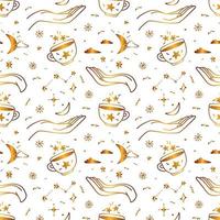 Golden seamless drawn pattern with hands and magic cups on the background of the constellations. Star ornament with celestial elements. vector