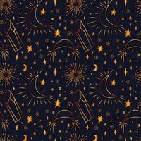 Seamless golden pattern with stars crystals and sparkling crescents. Delicate gold pattern with magical celestial elements. vector