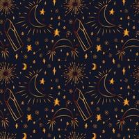 Seamless golden pattern with stars crystals and sparkling crescents. Delicate gold pattern with magical celestial elements. vector