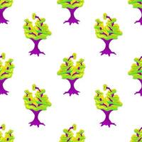 Seamless pattern with magic mushrooms on a white background. Fantastic mushroom pattern of purple stems and green multistory hats. Vector illustration of unreal mystical, alien plants.