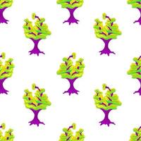 Seamless pattern with magic mushrooms on a white background. Fantastic mushroom pattern of purple stems and green multistory hats. Vector illustration of unreal mystical, alien plants.