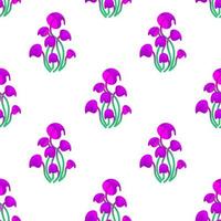 Seamless pattern with magic mushrooms on a white background. A fantastic mushroom pattern of purple hats and green stalks in a checkerboard pattern. Vector illustration of unreal mystical, alien plant