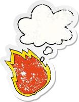 cartoon fire and thought bubble as a distressed worn sticker vector