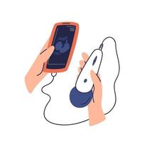 Ultrasound device connected to a smartphone. The portable appliance in hand for medical diagnostics over the Internet. Vector stock illustration on white background in cartoon style.